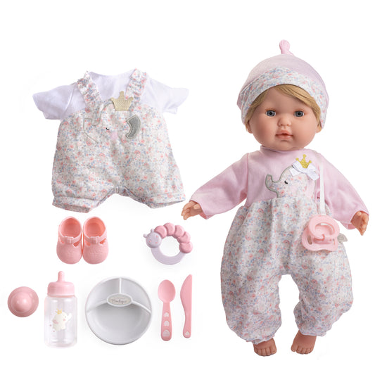 Doll opens and closes eyes with pink elephant outfit and accessories