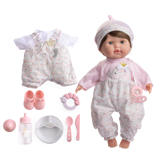 Doll opens and closes eyes with pink elephant outfit and accessories