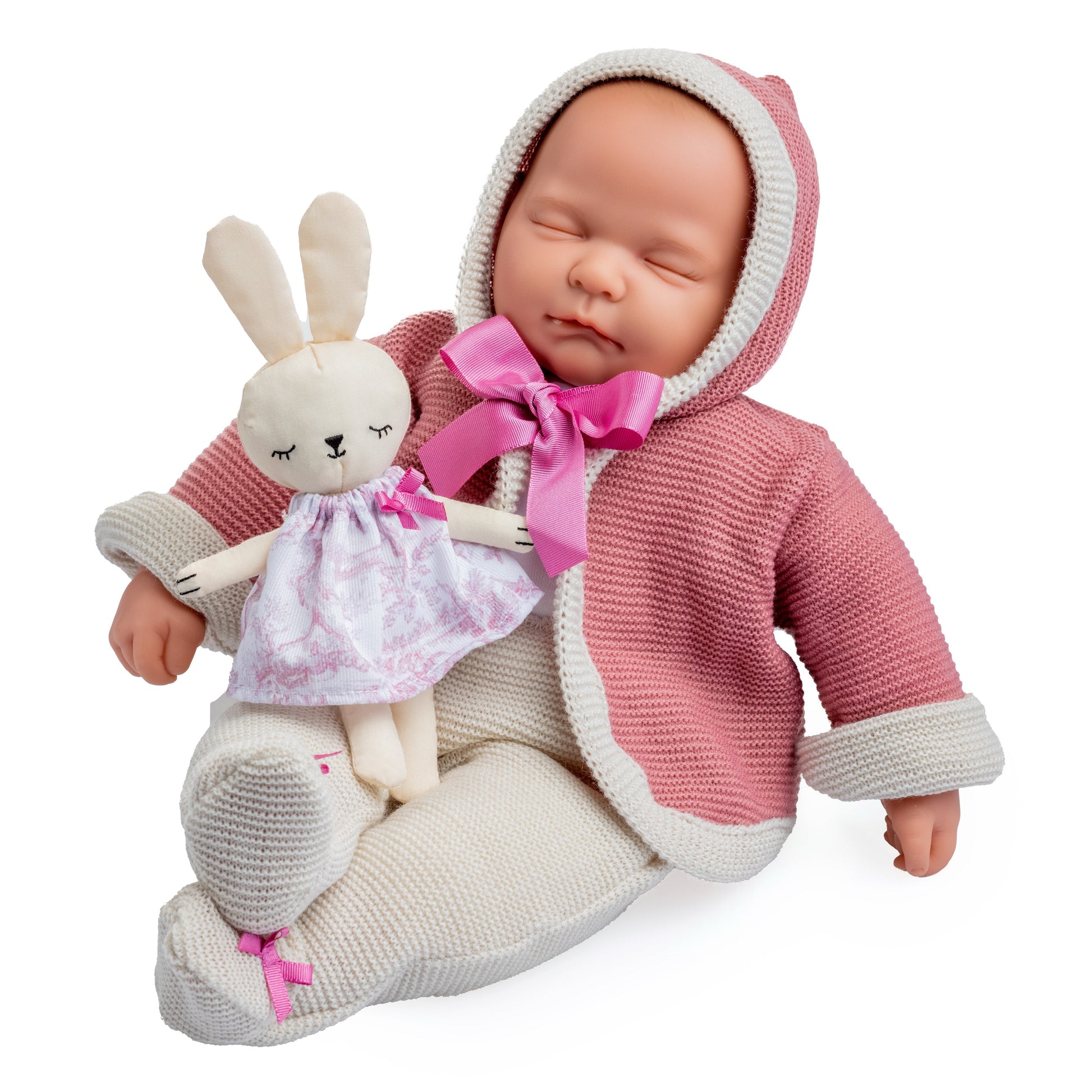 Doll with closed eyes, beige and pink knitted suit and plush – JC